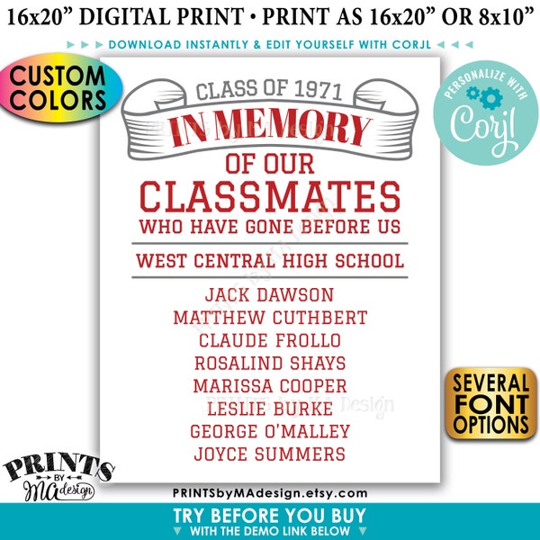 Reunion Memorial, In Memory of the Classmates Who Have Gone Before Us, Custom PRINTABLE 8x10/16x20” Sign <Edit Yourself with Corjl>