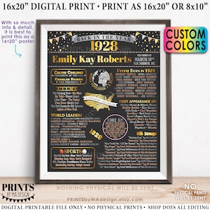 Back in the Year 1928 Birthday Sign, Flashback to 1928 Poster Board, 1928 Birthday Gift, Custom PRINTABLE 16x20” B-day Decoration