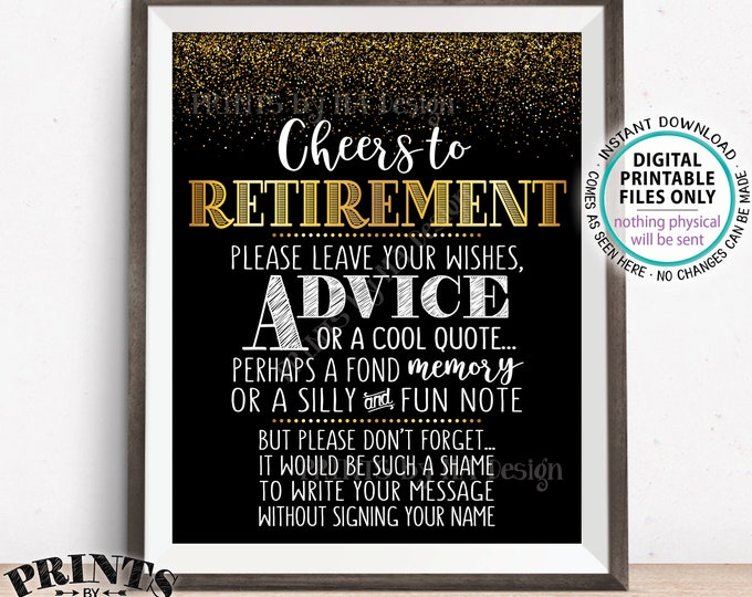 Cheers to Retirement Party Sign, Leave Your Wish, Advice, Memory for the Retiree Celebration, PRINTABLE 8x10/16x20" Black & Gold Sign <ID>