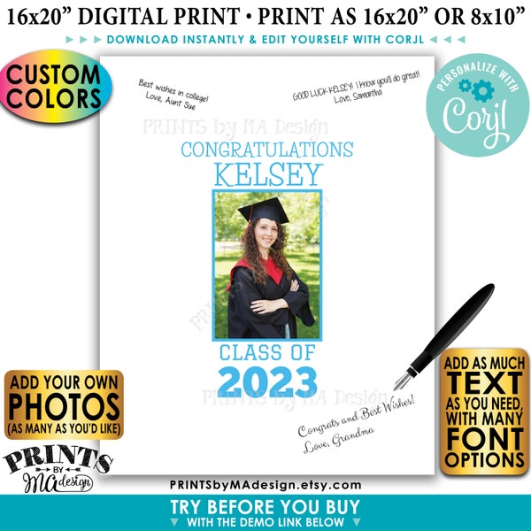 Graduation Party Signature Board, Guestbook Alternative, Add Unlimited Photos & Text, Custom PRINTABLE 16x20” Sign <Edit Yourself w/Corjl>