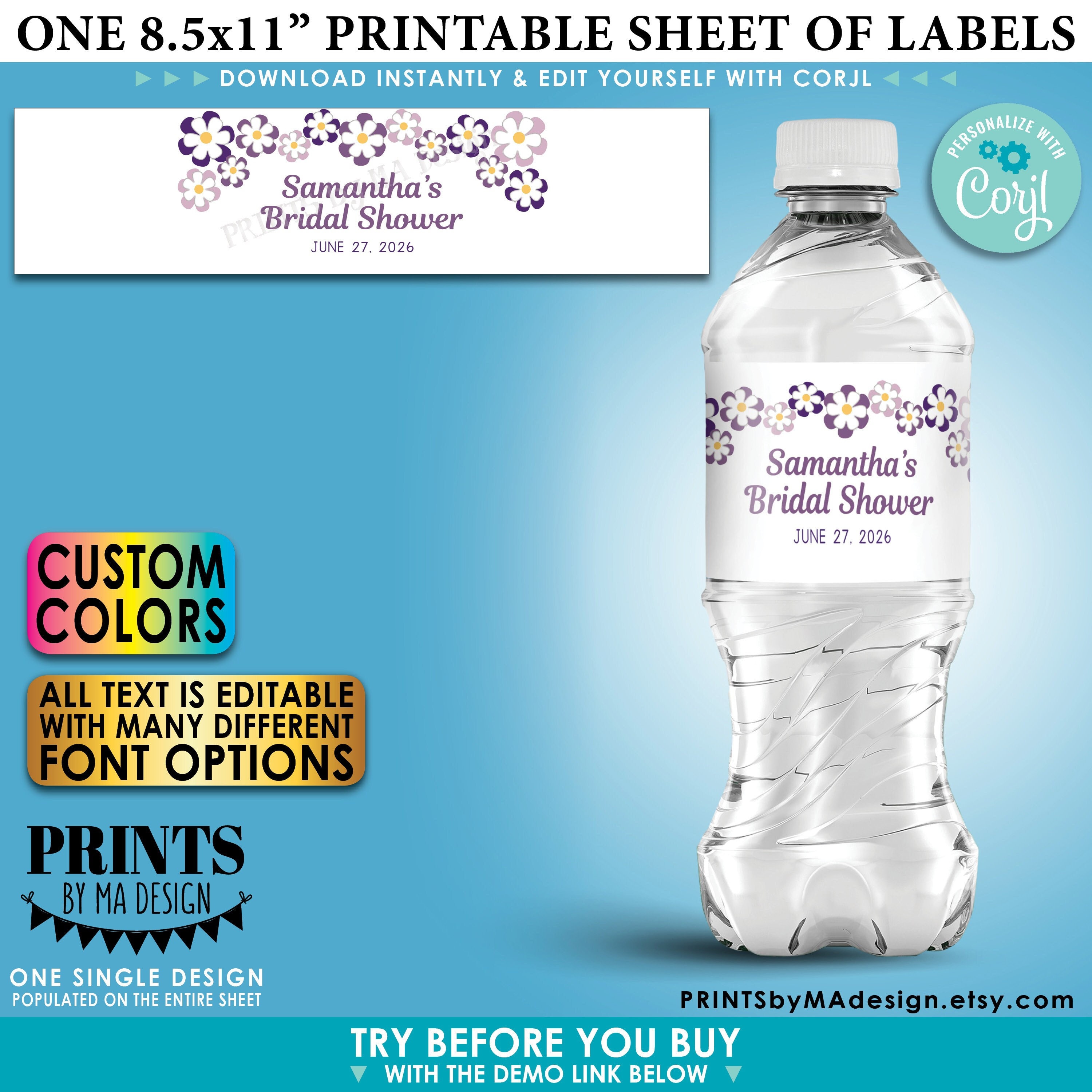 Bridal Shower Water Bottle Labels, Custom Color Flowers, Floral DIY