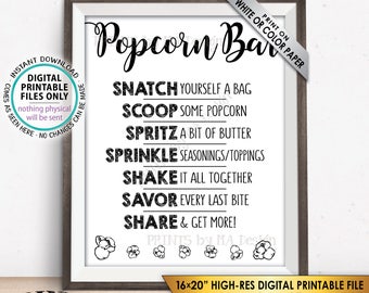 Popcorn Bar Sign, Popcorn Bar Directions, Popcorn Toppings, Wedding Retirement Birthday, Digital PRINTABLE 8x10/16x20” Instant Download Sign