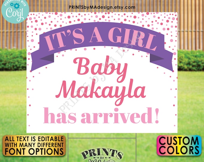 Baby Girl Announcement Yard Sign, Editable Gender Reveal Sign, It's a Girl, Custom PRINTABLE 16x20” Template <Edit Yourself w/Corjl>