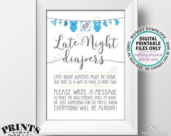 Late Night Diapers Sign, Late-Night Diapers Sign the Diaper Thoughts, Blue Baby Shower Decoration, It's a Boy, PRINTABLE 5x7” Sign <ID>
