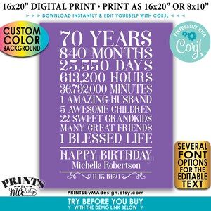 70.o regalo de cumpleaños para una mujer, 70 años desglosados, cartel IMPRIMIBLE personalizado 8x10/16x20”, fondo de color <Editar usted mismo con Corjl>