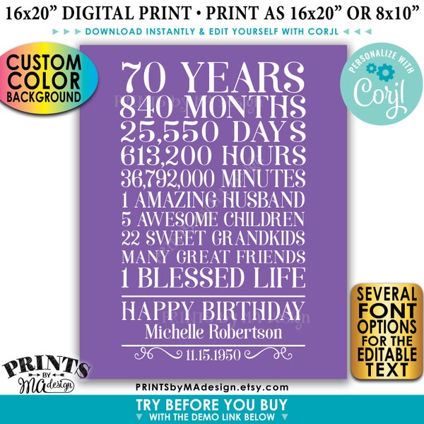 70th Birthday Gift for a Woman, 70 Years Broken Down, Custom PRINTABLE 8x10/16x20” Sign, Color Background <Edit Yourself with Corjl>