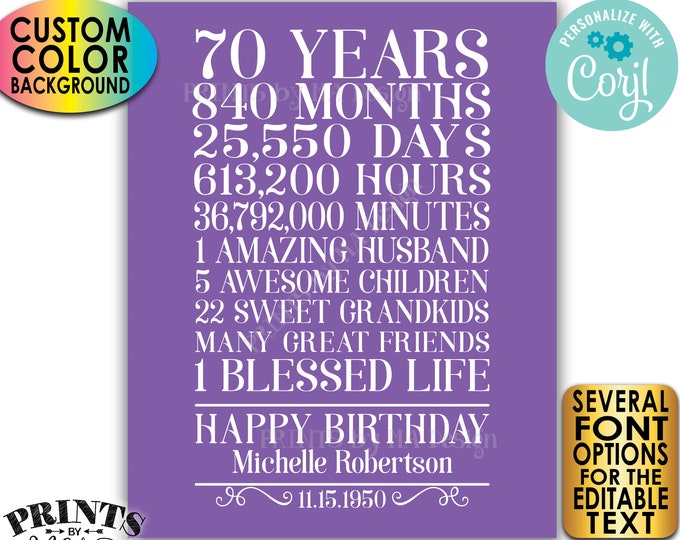 70th Birthday Gift for a Woman, 70 Years Broken Down, Custom PRINTABLE 8x10/16x20” Sign, Color Background <Edit Yourself with Corjl>