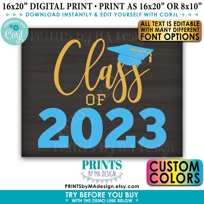 Editable Class Of Year Sign, Any Year, Custom PRINTABLE 8x10/16x20 Chalkboard Style Graduation Party Decoration Edit Yourself w/Corjl image 1
