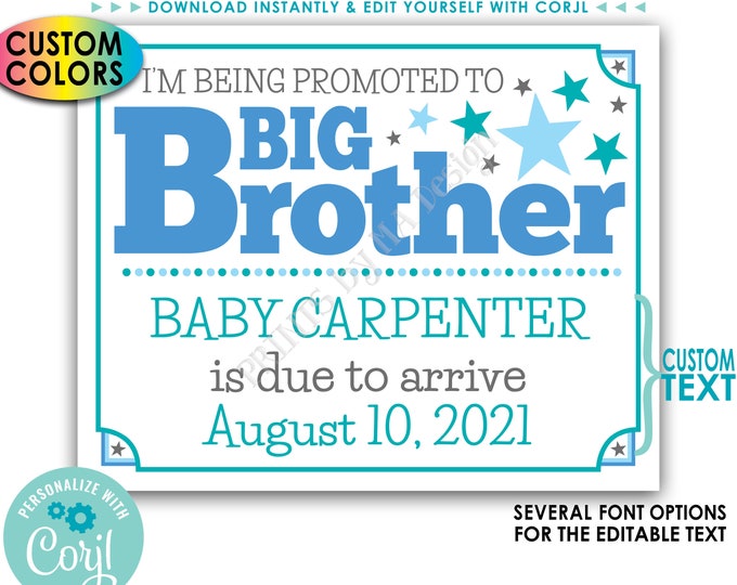 Promoted to Big Brother Pregnancy Announcement, Big Bro Promotion, PRINTABLE Baby #2 Sign <Edit Yourself with Corjl>