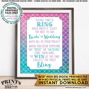 Mermaid Bridal Shower Sign, Take a Ring, Don't Say Bride or Wedding Bridal Shower Game Sign, PRINTABLE 8x10 Watercolor Style Sign ID image 1