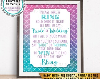 Mermaid Bridal Shower Sign, Take a Ring, Don't Say Bride or Wedding Bridal Shower Game Sign, PRINTABLE 8x10” Watercolor Style Sign <ID>