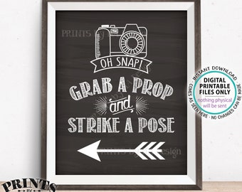 Grab a Prop and Strike a Pose sign pointing LEFT, Arrow Pointing to Photobooth, Chalkboard Style PRINTABLE Sign <ID>