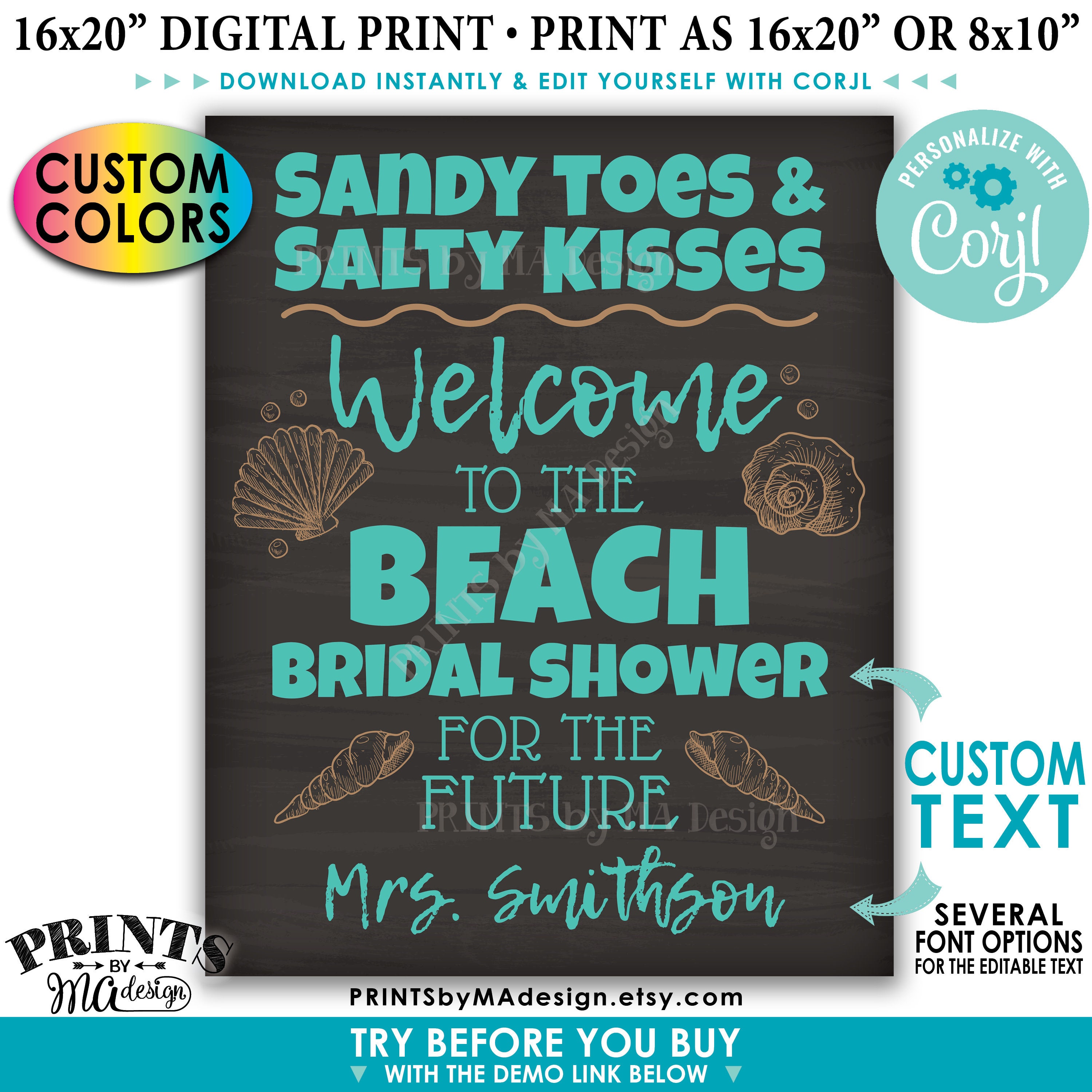 Bridal Shower Bridal Shower Beach Sign, Custom PRINTABLE 8x10/16x20” Chalkboard Style Sign <Edit Yourself with Corjl>