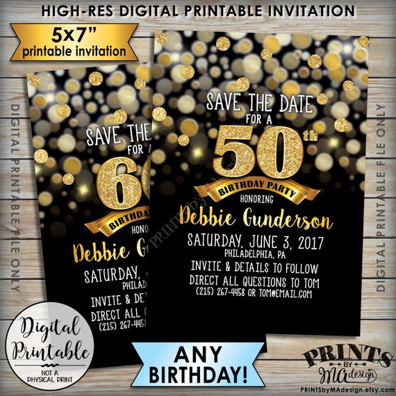 Birthday Party Save The Date Birthday Save The Date 30th 40th 50th 60th 70th Birthday Std Black Gold Glitter 5x7 Printable File Birthday Party Save The Date Birthday Save The Date 30th 40th 50th 60th 70th Birthday Std Black Gold Glitter 5x7 Printable File