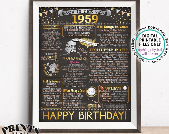 Back in 1959 Birthday Sign, Flashback to 1959 Poster Board, ’59 B-day Gift, Bday Decoration, PRINTABLE 16x20” Sign <ID>