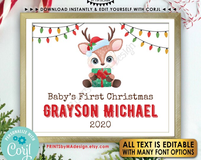 Editable Baby's First Christmas Sign, Baby Reindeer, Custom PRINTABLE 8x10/16x20” 1st Xmas Sign <Edit Yourself with Corjl>