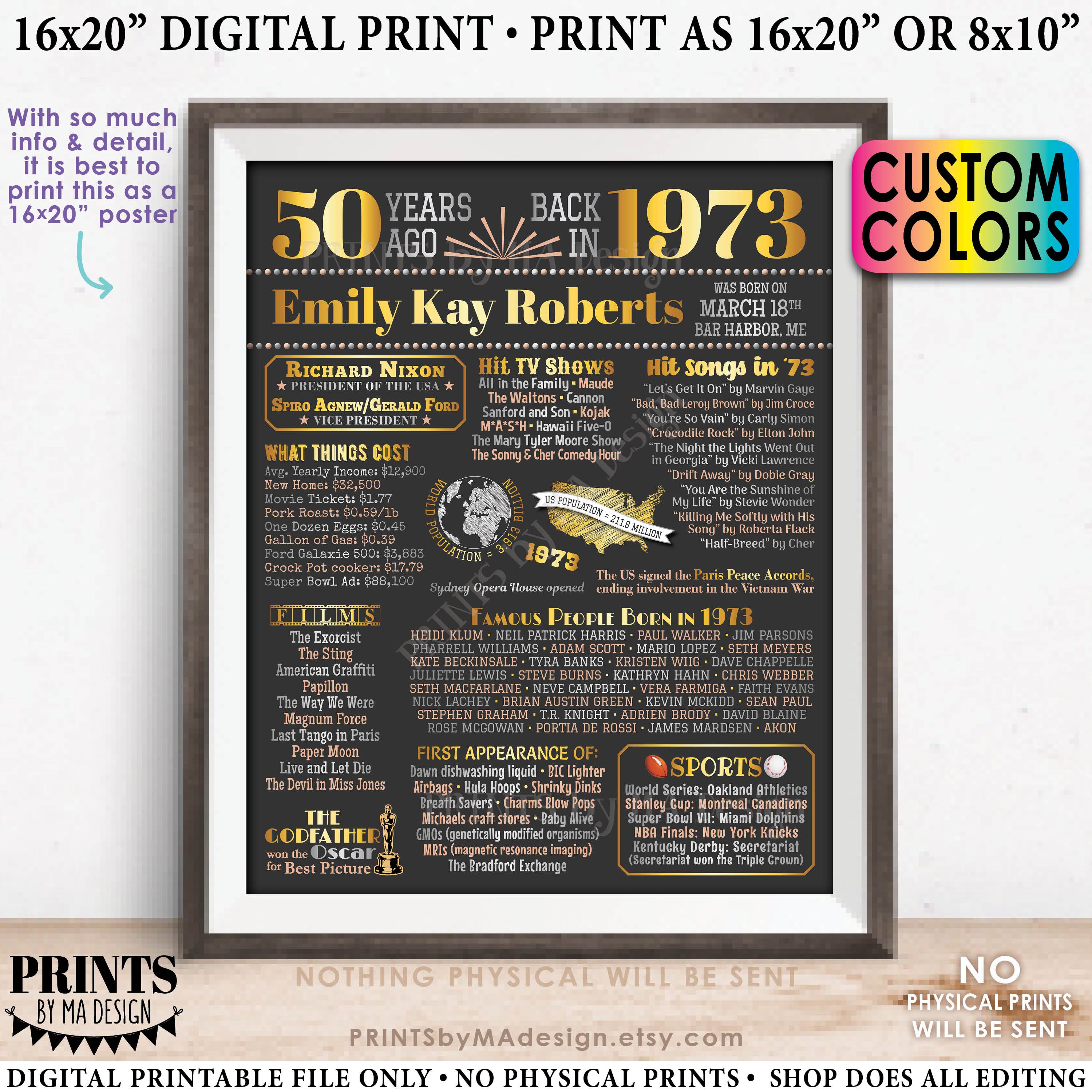 50th Birthday Poster Board Born in 1973 Flashback 50 Years Etsy