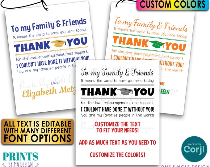 Editable Graduation Party Favor Tags, Thank You Goodie Bags, Custom PRINTABLE 8.5x11" Sheet of 4x5" Tags/Cards <Edit Yourself w/Corjl>