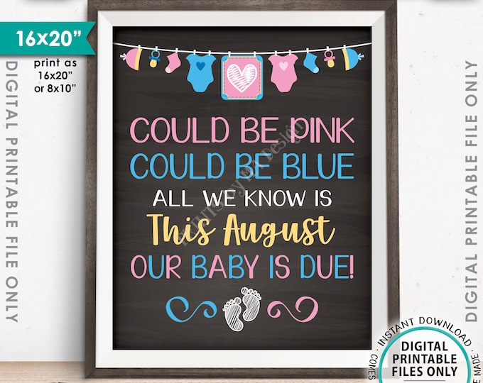 Pregnancy Announcement, Could be Pink Could be Blue, Our Baby is Due in AUGUST Dated Chalkboard Style PRINTABLE 16x20” Baby Reveal Sign <ID>