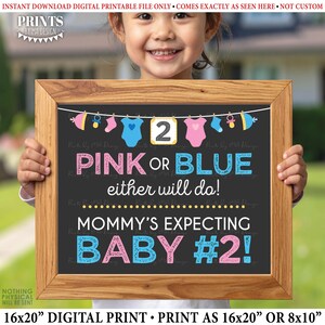 Rosa o azul, cualquiera sirve para el bebé n.° 2, anuncio del segundo hijo, accesorio para fotos del bebé n.° 2, gris, cartel IMPRIMIBLE de 8x10/16x20” <ID>