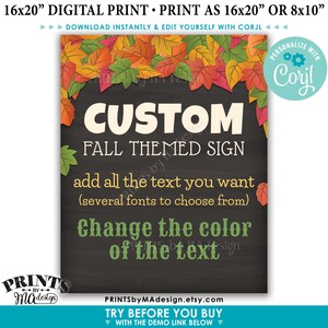 Póster de estilo de pizarra con temática de otoño personalizado, elige tu texto, un cartel de otoño imprimible de 8 x 10/16 x 20 pulgadas <Editate con Corjl>