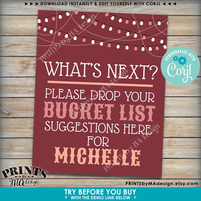Editable Bucket List Sign Custom PRINTABLE 8x10/16x20 Bucket | Etsy