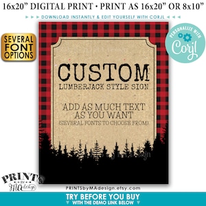 Puede incluir: Un cartel digital imprimible con un fondo de cuadros rojos y negros. El cartel dice "Custom Lumberjack Style Sign" y "A&ntilde;adir tanto texto como quieras (varias fuentes para elegir)".