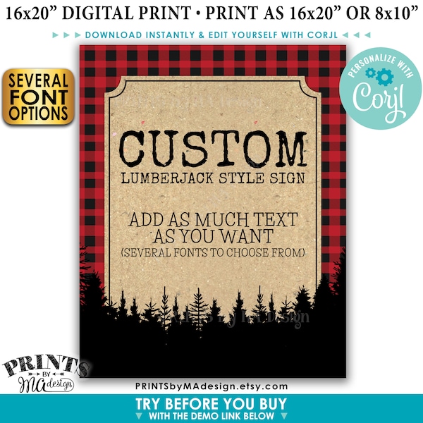 Custom Lumberjack Sign, Choose Your Text, Red Checker Plaid, Trees, One PRINTABLE 8x10/16x20” Portrait Sign <Edit Yourself with Corjl>