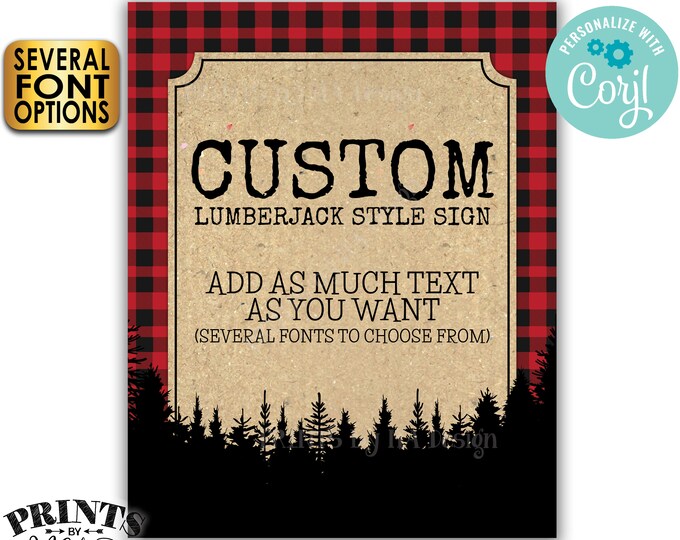 Custom Lumberjack Sign, Choose Your Text, Red Checker Plaid, Trees, One PRINTABLE 8x10/16x20” Portrait Sign <Edit Yourself with Corjl>