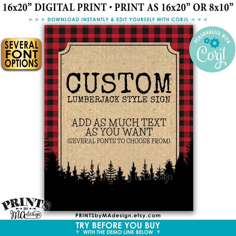 Puede incluir: Un cartel digital imprimible con un fondo de cuadros rojos y negros. El cartel dice "Custom Lumberjack Style Sign" y "A&ntilde;adir tanto texto como quieras (varias fuentes para elegir)".