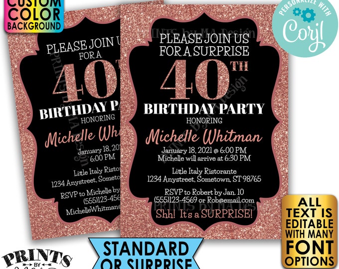 Rose Gold Glitter Birthday Party Invitation, Surprise or Standard Invite, Custom PRINTABLE 5x7" Digital File <Edit Yourself with Corjl>