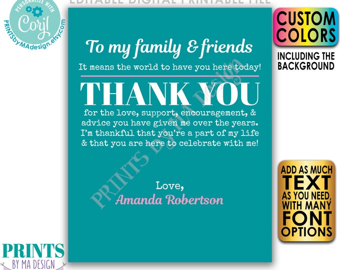 Editable Graduation Thank You Sign, Thanks from the Grad Party Decoration, Custom Colors & Text, PRINTABLE Sign, <Edit Yourself w/Corjl>