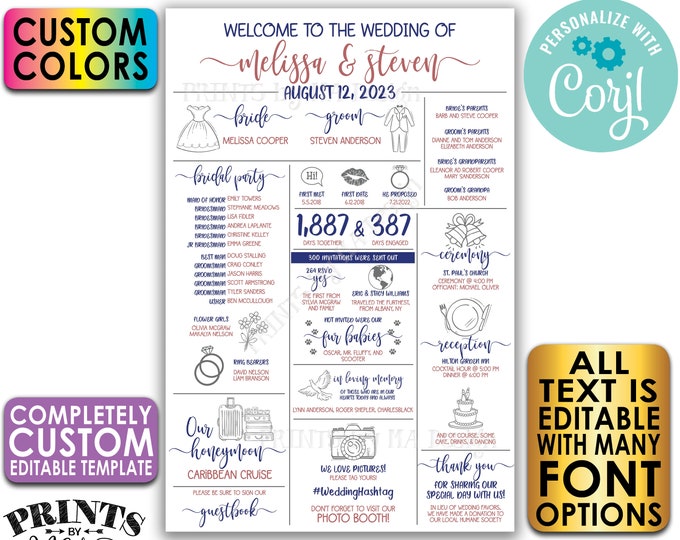 Infographic Wedding Program, Fun Editable Program, Customizable, Unique PRINTABLE 24x36” Sign <Edit Yourself with Corjl>