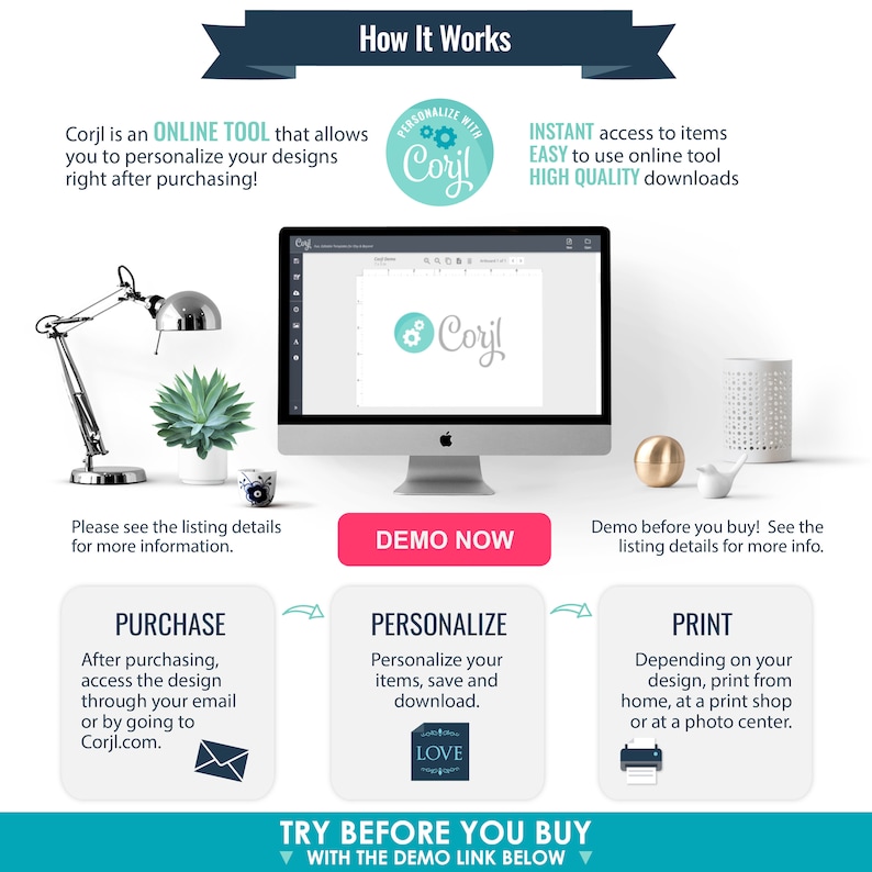May include: A graphic showing how to use Corjl, an online tool for personalizing designs. The graphic shows a computer screen with the Corjl logo, and steps for purchasing, personalizing, and printing designs. The text "Try Before You Buy" is included with a link to a demo.