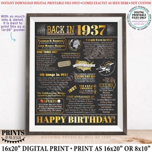 Back in the Year 1937 Birthday Sign, Flashback to 1937 Poster Board, ‘37 B-day Gift, Bday Decoration, PRINTABLE 16x20” Sign &lt;ID&gt;