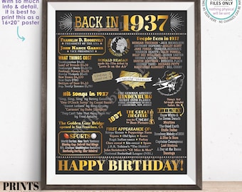 Back in the Year 1937 Birthday Sign, Flashback to 1937 Poster Board, ‘37 B-day Gift, Bday Decoration, PRINTABLE 16x20” Sign <ID>