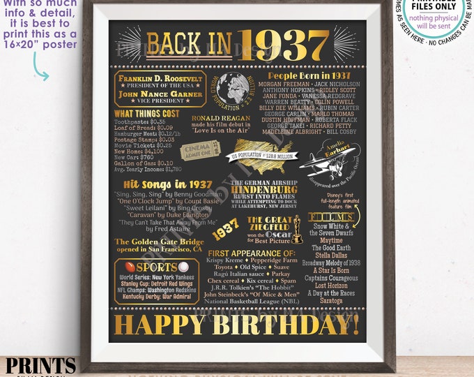 Back in the Year 1937 Birthday Sign, Flashback to 1937 Poster Board, ‘37 B-day Gift, Bday Decoration, PRINTABLE 16x20” Sign <ID>