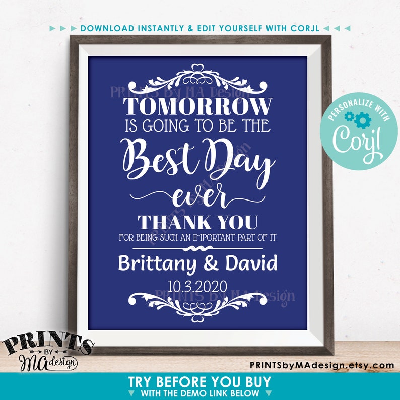 Editable Rehearsal Dinner Sign, Tomorrow is Going to Be the Best Day Ever, Color Background, PRINTABLE 16x20” Sign <Edit Yourself w/Corjl> image 2
