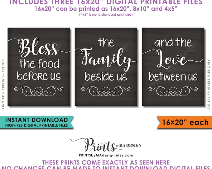 Bless the Food Before Us Kitchen Dinning Room Prayer, Bless Food Family Love, 3 PRINTABLE Chalkboard Style Kitchen Wall Decor Signs <ID>