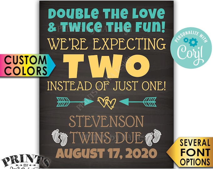 Twins Pregnancy Announcement, Double the Love & Twice the Fun, PRINTABLE 8x10/16x20” Chalkboard Style Twins Sign <Edit Yourself with Corjl>
