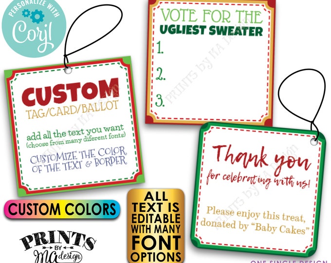 Custom Christmas Tags, Voting Ballots, 2" Square Cards on a Digital PRINTABLE 8.5x11" File <Edit Yourself with Corjl>