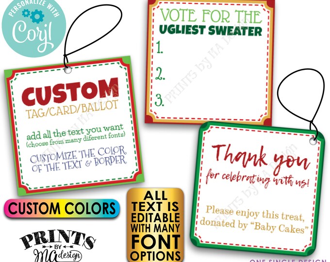 Custom Christmas Tags, Voting Ballots, 2" Square Cards on a Digital PRINTABLE 8.5x11" File <Edit Yourself with Corjl>