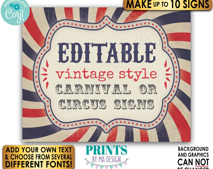 Vintage Style Circus/Carnival Signs, Festival Birthday Party, Make Up to 10 Custom PRINTABLE 16x20” Landscape Signs <Edit Yourself w/Corjl>