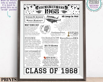 Class of 1968 Reunion Decoration, Back in the Year 1968 Poster Board, Flashback to 1968 High School Reunion, B&W PRINTABLE 16x20” Sign <ID>