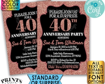 Rose Gold Glitter Anniversary Party Invitation, Surprise or Standard Invite, Custom PRINTABLE 5x7" Digital File <Edit Yourself with Corjl>
