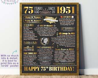 75th Birthday Poster Board, Born in the Year 1951, Flashback 75 Years Ago B-day Gift, PRINTABLE 16x20” Back in 1951 Sign, 75th Gift <ID>