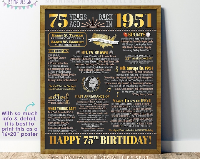 75th Birthday Poster Board, Born in the Year 1951, Flashback 75 Years Ago B-day Gift, PRINTABLE 16x20” Back in 1951 Sign, 75th Gift <ID>