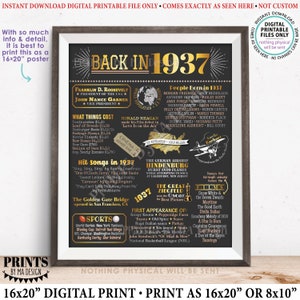 Back in the Year 1937 Poster Board, Remember 1937 Sign, Flashback to 1937 USA History from 1937, PRINTABLE 16x20” Sign &lt;ID&gt;