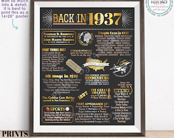 Back in the Year 1937 Poster Board, Remember 1937 Sign, Flashback to 1937 USA History from 1937, PRINTABLE 16x20” Sign <ID>