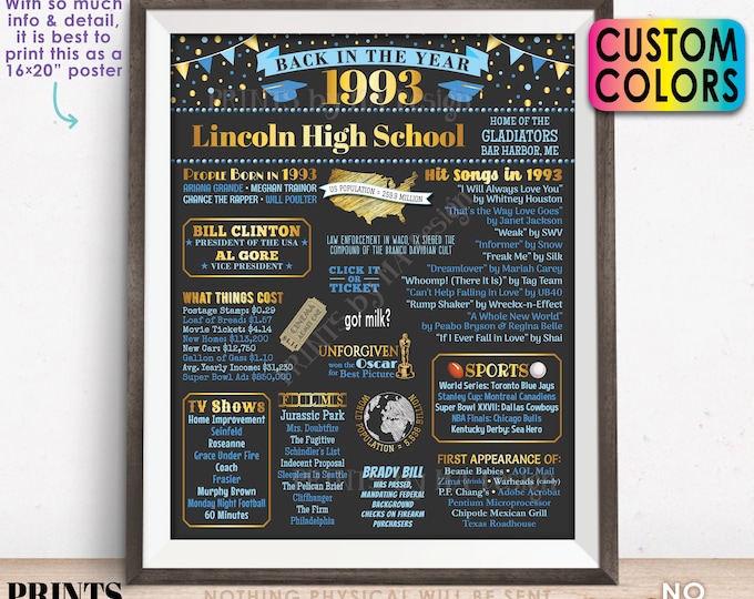 Back in the Year 1993 Poster Board, Class of 1993 Reunion Decoration, Flashback to 1993 Graduating Class, Custom PRINTABLE 16x20” Sign